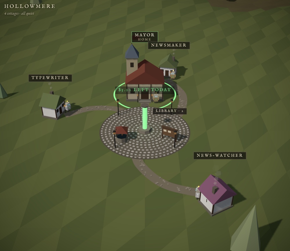 The village up close: cottages, robots at their doors, and the budget column in the square.