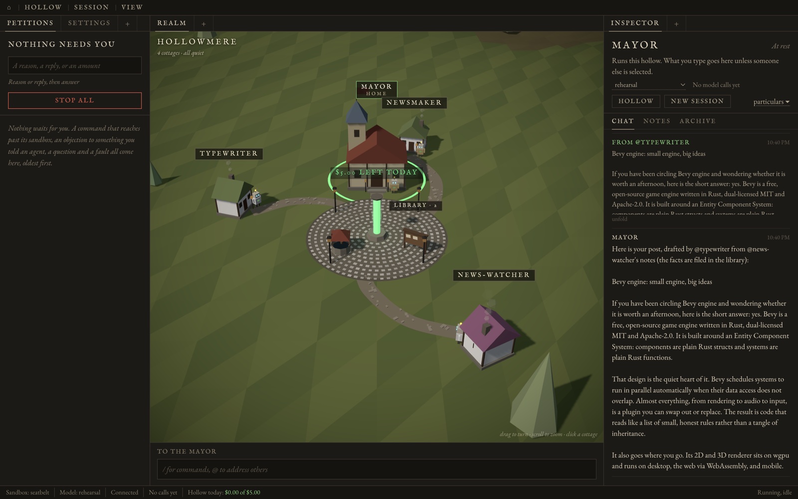 Hollow's window: petitions on the left, a small 3D village in the middle, the Mayor's chat on the right.